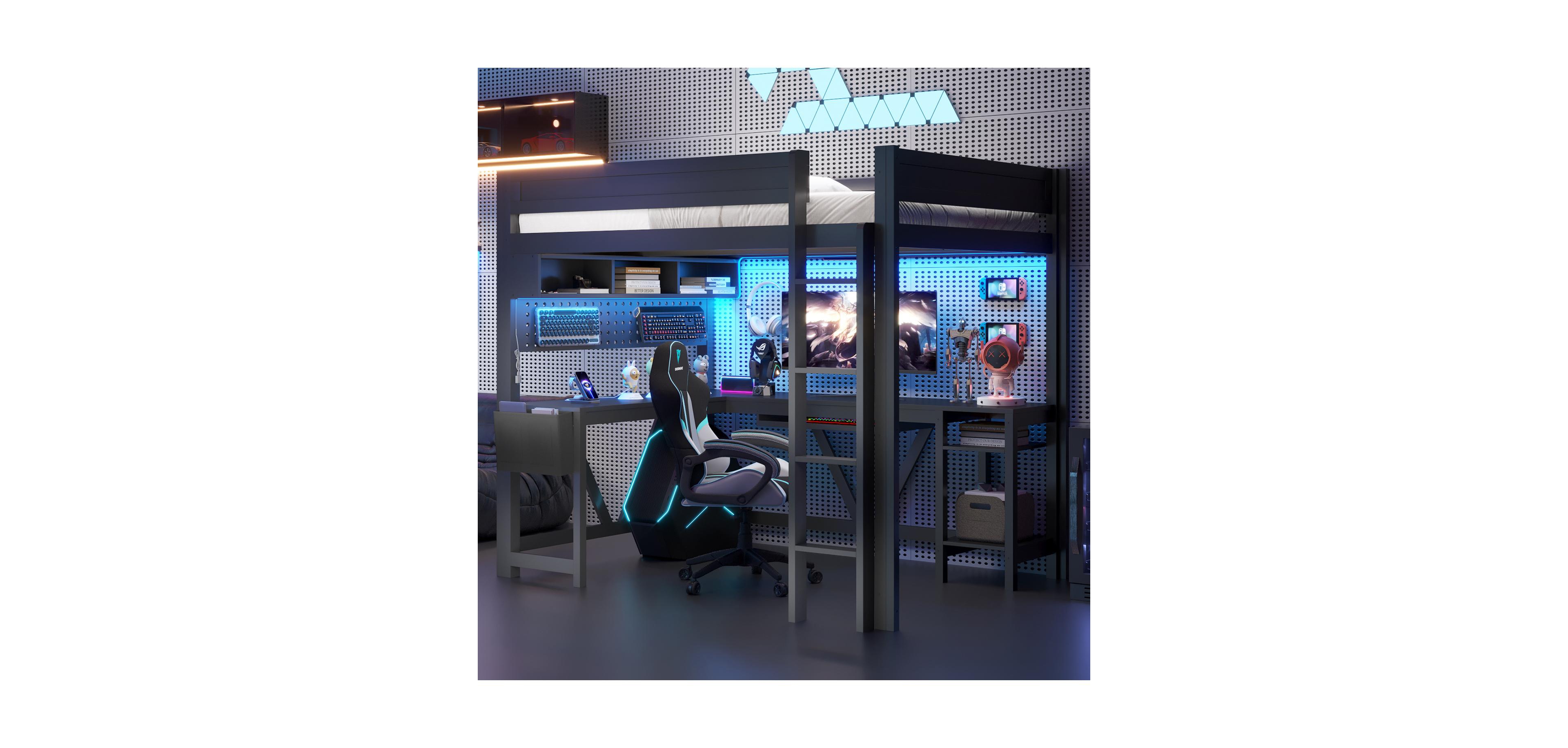Streamdale Furniture Full Black Gaming Loft Bed with Desk, Led Lights & Charging Station