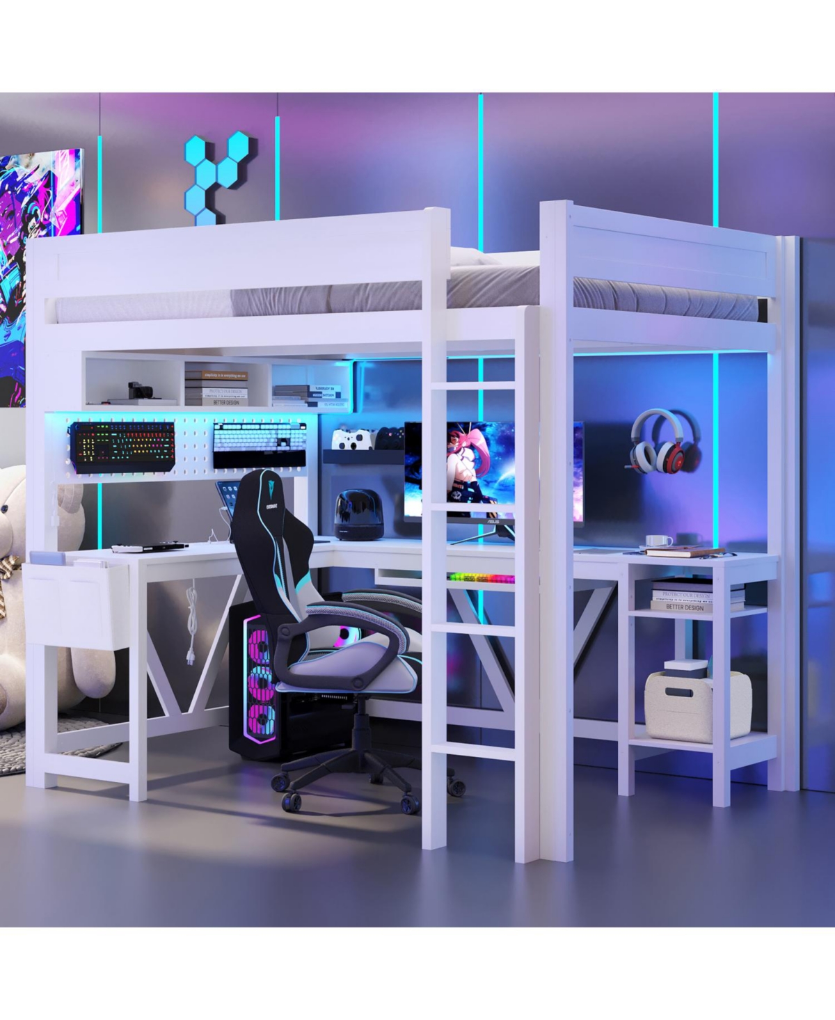 Streamdale Furniture Full Size Black Gaming Loft Bed with Desk, Led Lights & Charging Station