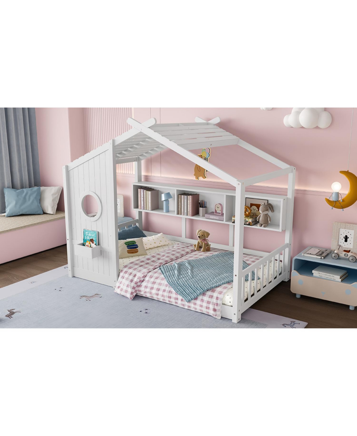 Streamdale Furniture Twin Floor House Bed Toddler, Montessori with Shelf, Playhouse Bed, Gray