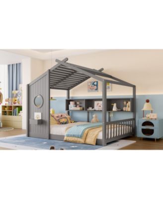 Floor House Bed Toddler Kids Montessori Bed w/ Shelf & Roof.
