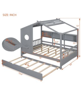 Wooden Full Size House Bed with Trundle & Shelf
