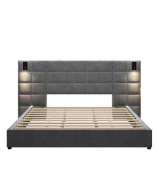 California King Upholstered Bed Frame, Sconce, USB, Velvet, Gray