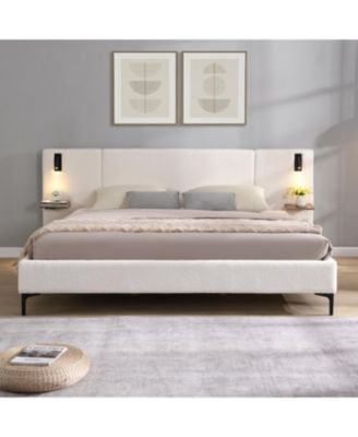 Chic Boucle Upholstered Bed with Integrated Lights and Shelves, White, King