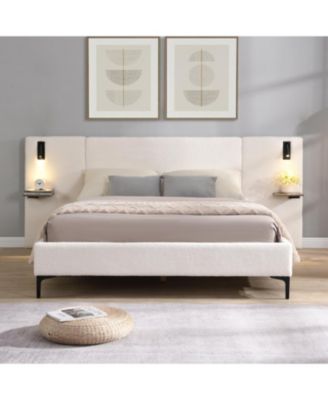 Queen Chic Boucle Upholstered Bed with Integrated Lights and Shelves