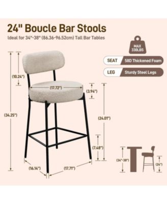 Bar Stools Set of 3, 24 Inches Modern Counter Height Bar Stools with Curved Back Metal Legs, Upholstered Tall Barstools