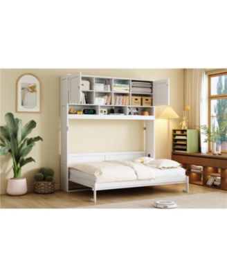 Queen Size Wall Murphy Bed with Ample Storage Space and Chevron Stripes, White