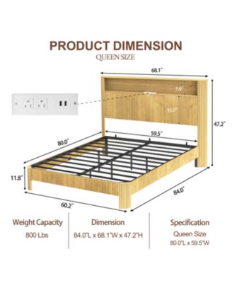 Streamdale Queen Bed Frame- Storage Headboard, Charging Station, Natural