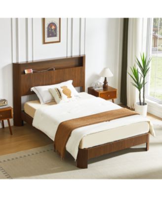 Full XL Bed Frame- Storage Headboard, Charging, Walnut