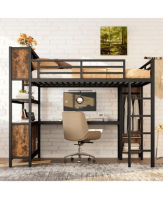  Queen Loft Bed with Wardrobe, Desk & Storage - Black Woodgrain