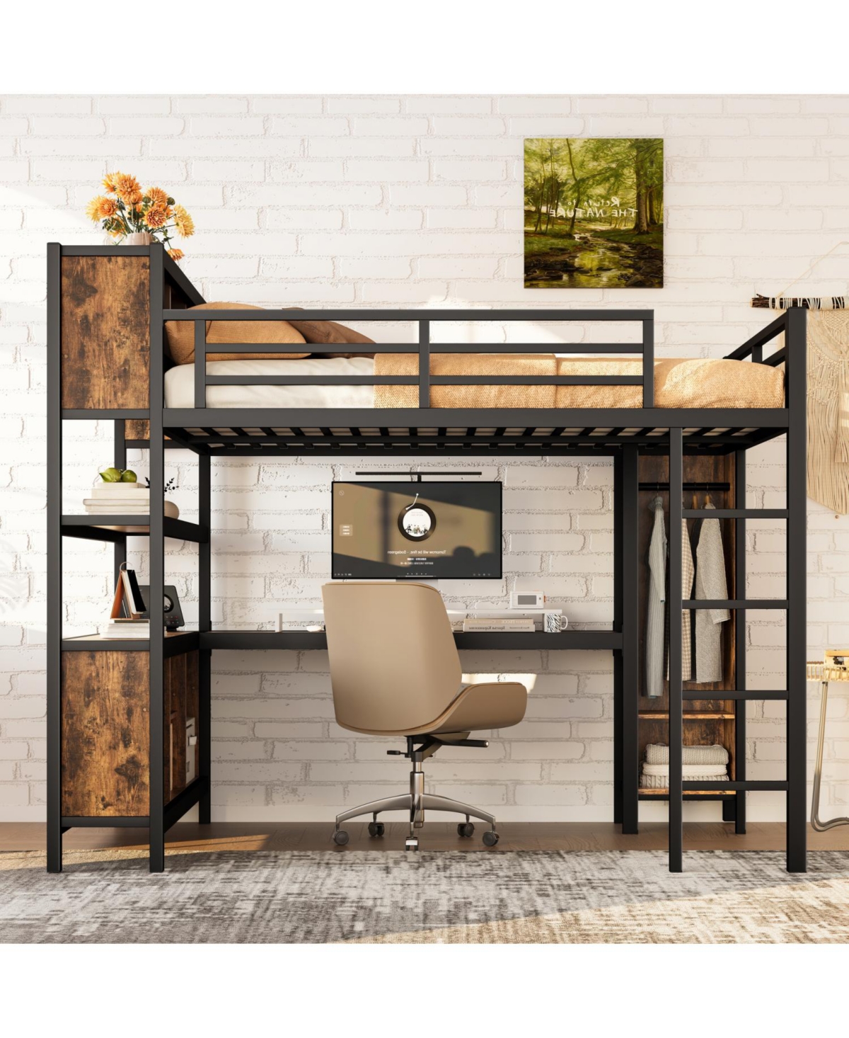 Streamdale Furniture Queen Loft Bed with Wardrobe, Desk & Storage - Black Woodgrain