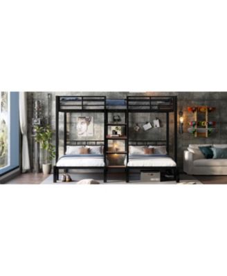 Queen/Twin/Twin Metal Bunk Bed w/ Storage - Black