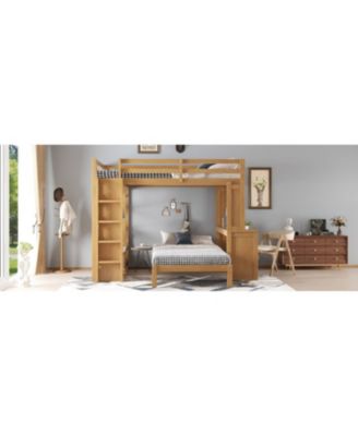  Queen over Twin Bunk Bed with Desk, Shelves & Wardrobe - Natural