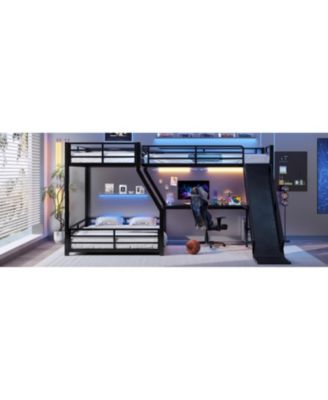L-Shaped Twin/Full Bunk Bed with Loft, Slide & USB, Black