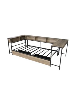  Corner Bed Frame Twin with Bookcase, Drawers, LED, Charging