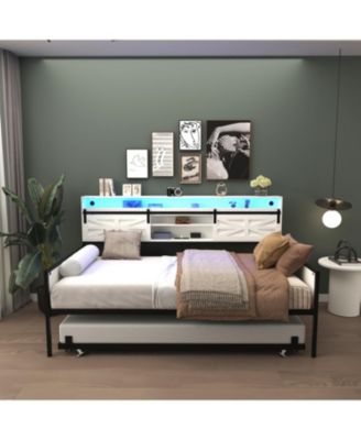 Twin Daybed with Trundle, Barn Door Headboard, Charging Station
