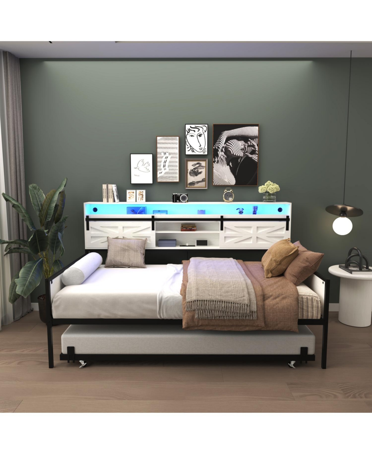 Streamdale Furniture Twin Daybed with Trundle, Barn Door Headboard, Charging Station