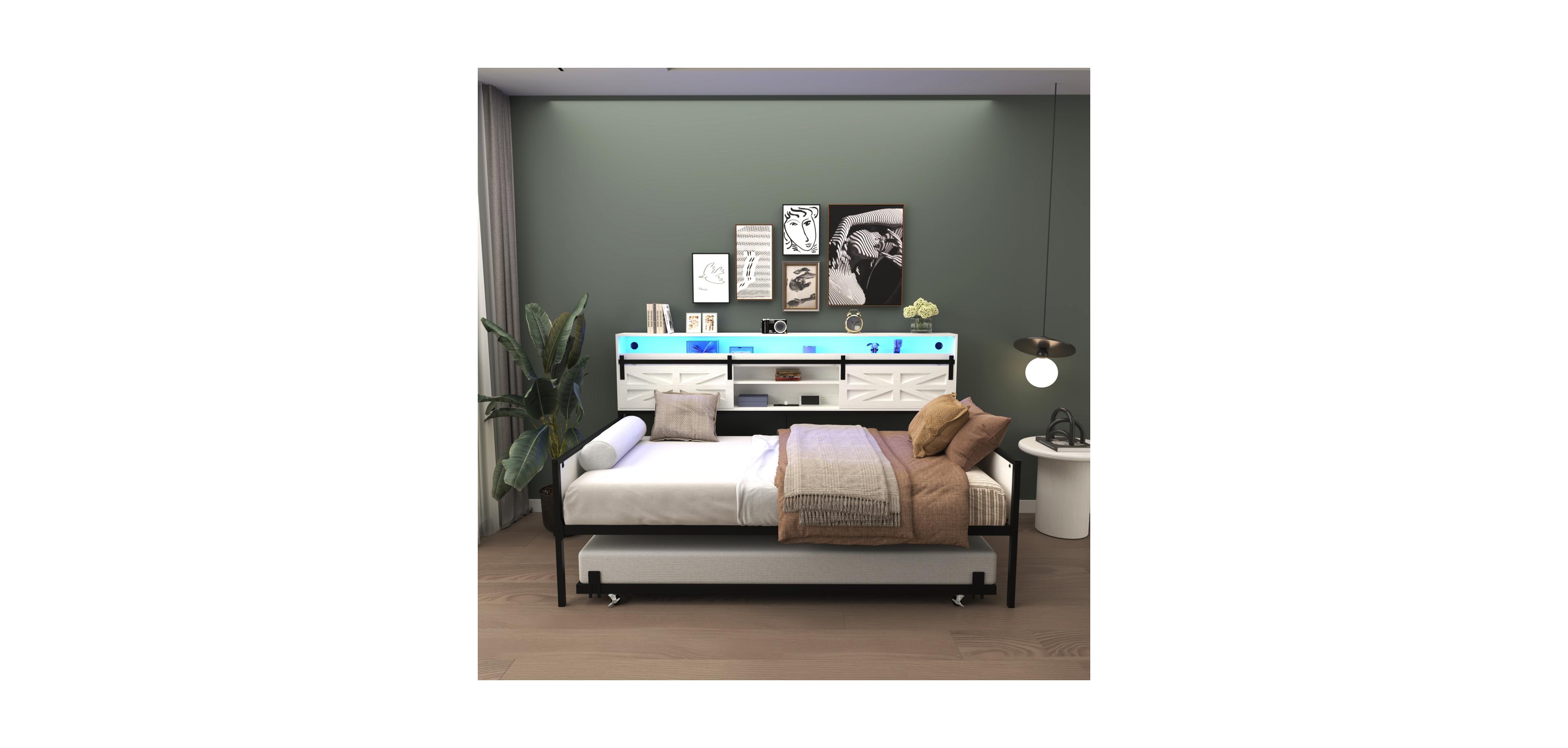 Streamdale Furniture Twin Daybed with Trundle, Barn Door Headboard, Charging Station