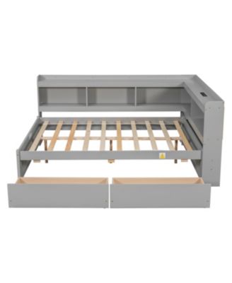 L-Shaped Bookcase Bed with Power Outlets, USB & Drawers - Grey