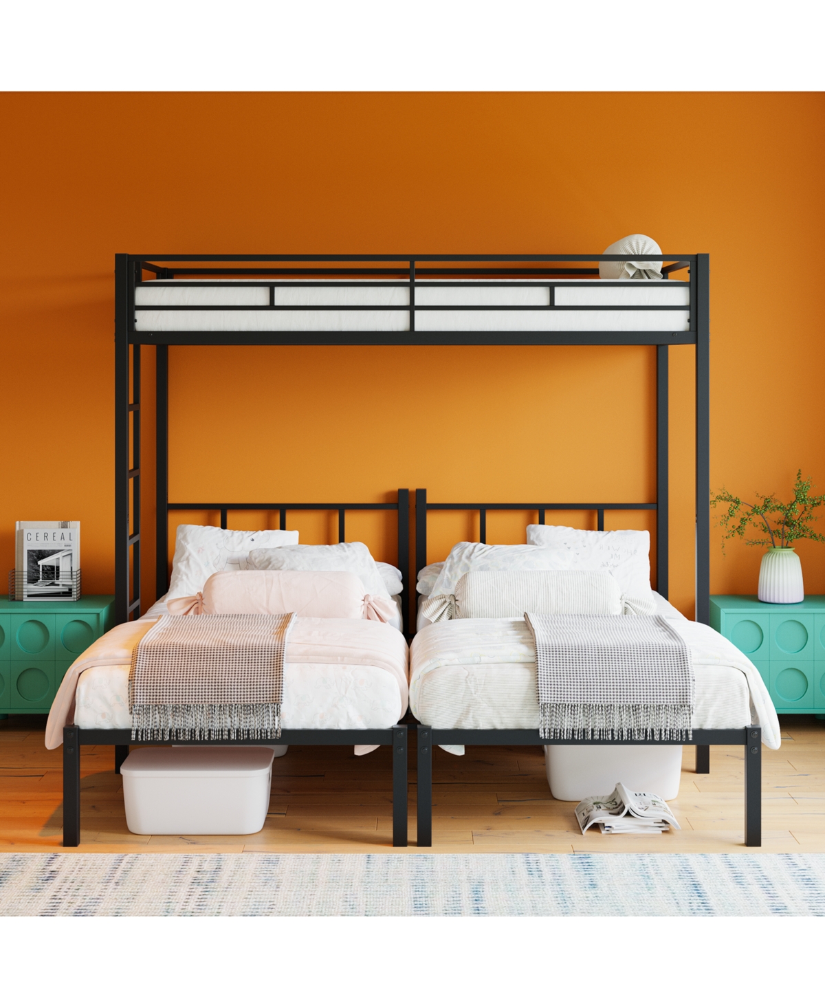 Streamdale Furniture Triple Twin Metal Bunk Bed with Guardrails & Ladder