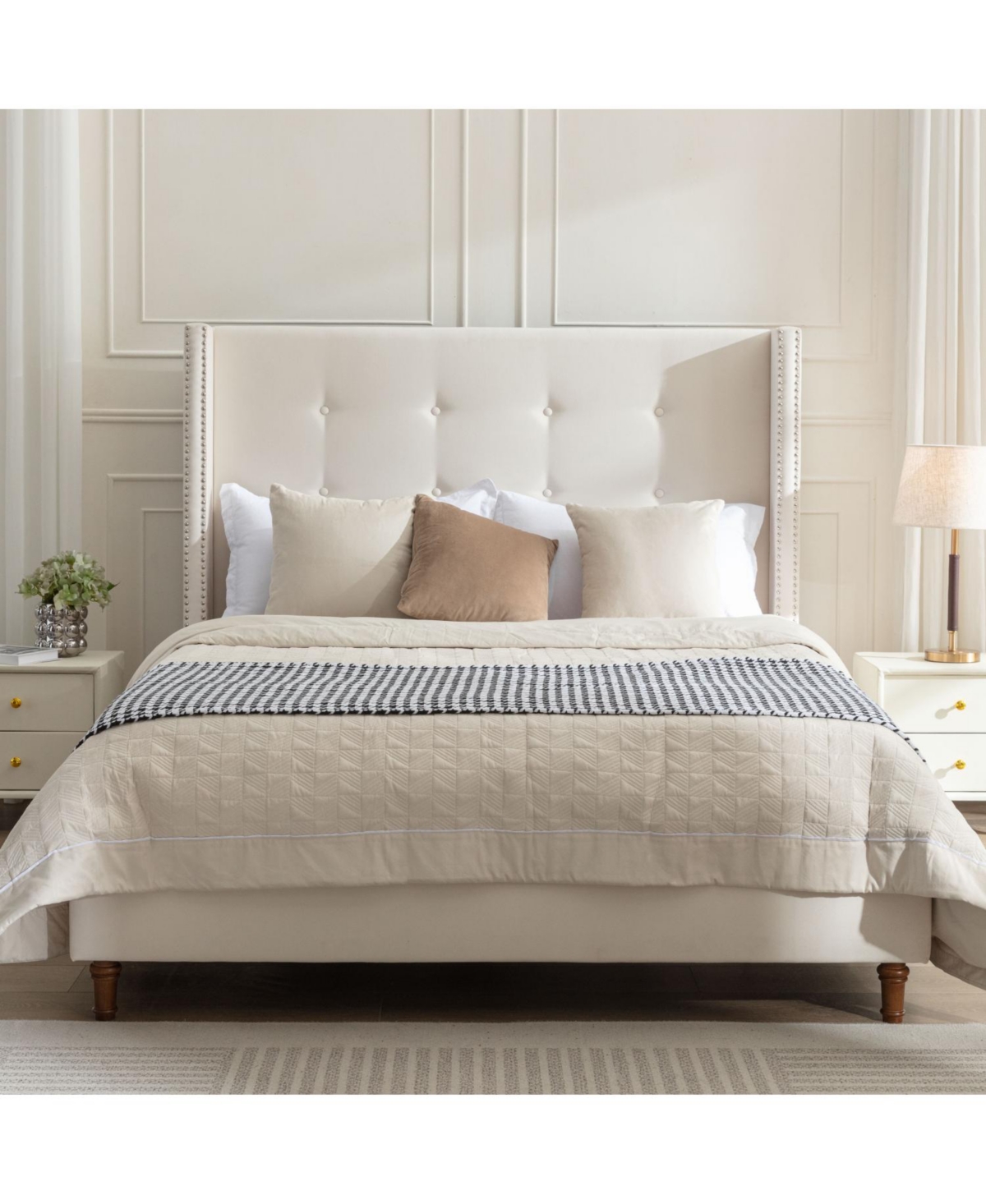 Streamdale Furniture Peyton King Bed Ivory Velvet Tufted Wingback