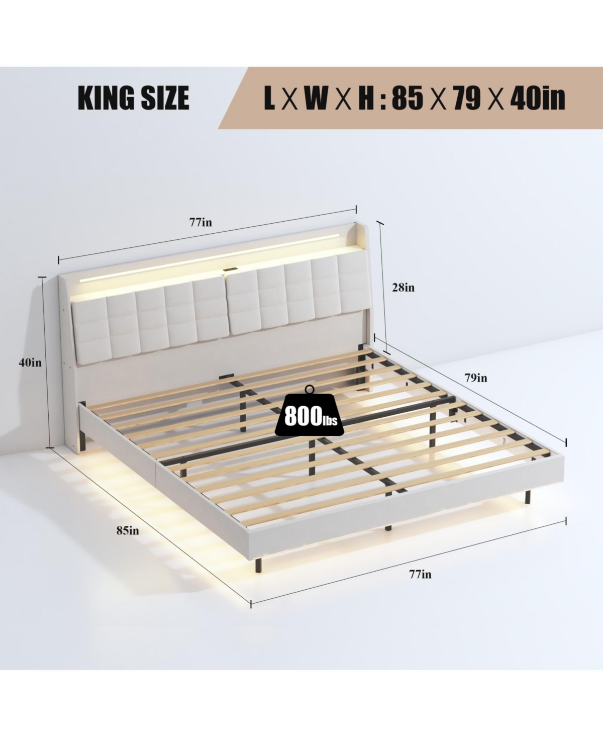 Streamdale Furniture King Floating Bed Frame with Led and Charger