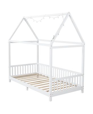 Wood Twin Size House Bed with Guardrail and LED