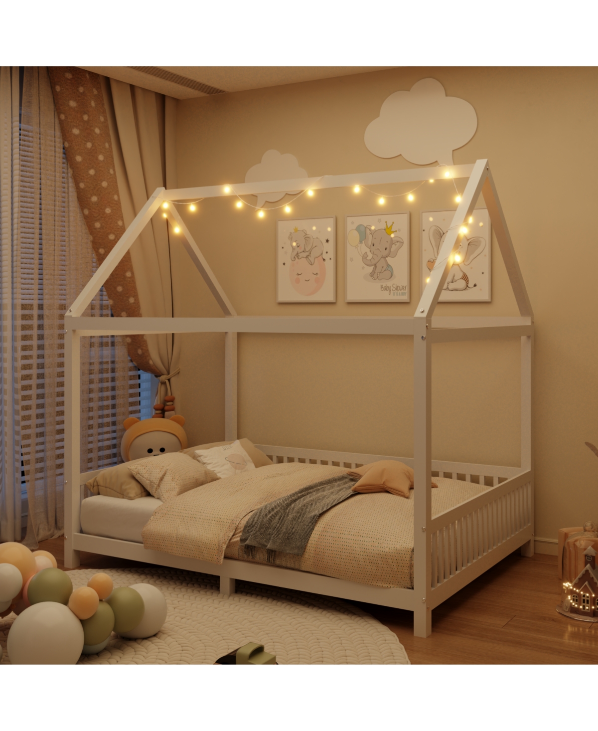 Streamdale Wood Full Size House Bed with Guardrail and Led, White