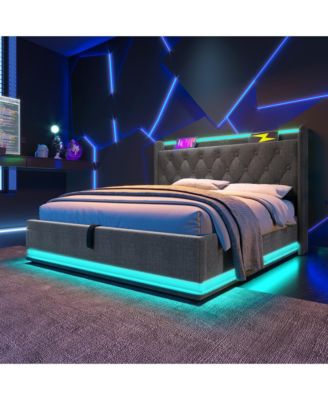 King Upholstered Bed with 360° LED Lighting, Hydraulic Storage, and USB-C Ports