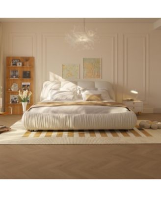  Beige Upholstered Platform Bed with Oversized Backrest