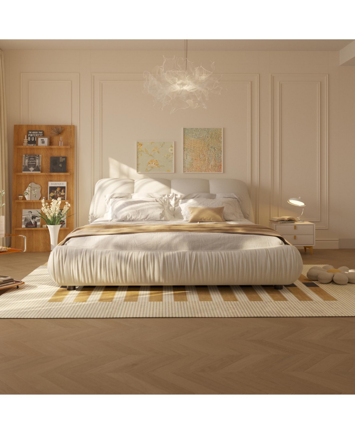 Streamdale Furniture Beige Upholstered Platform Bed with Oversized Backrest