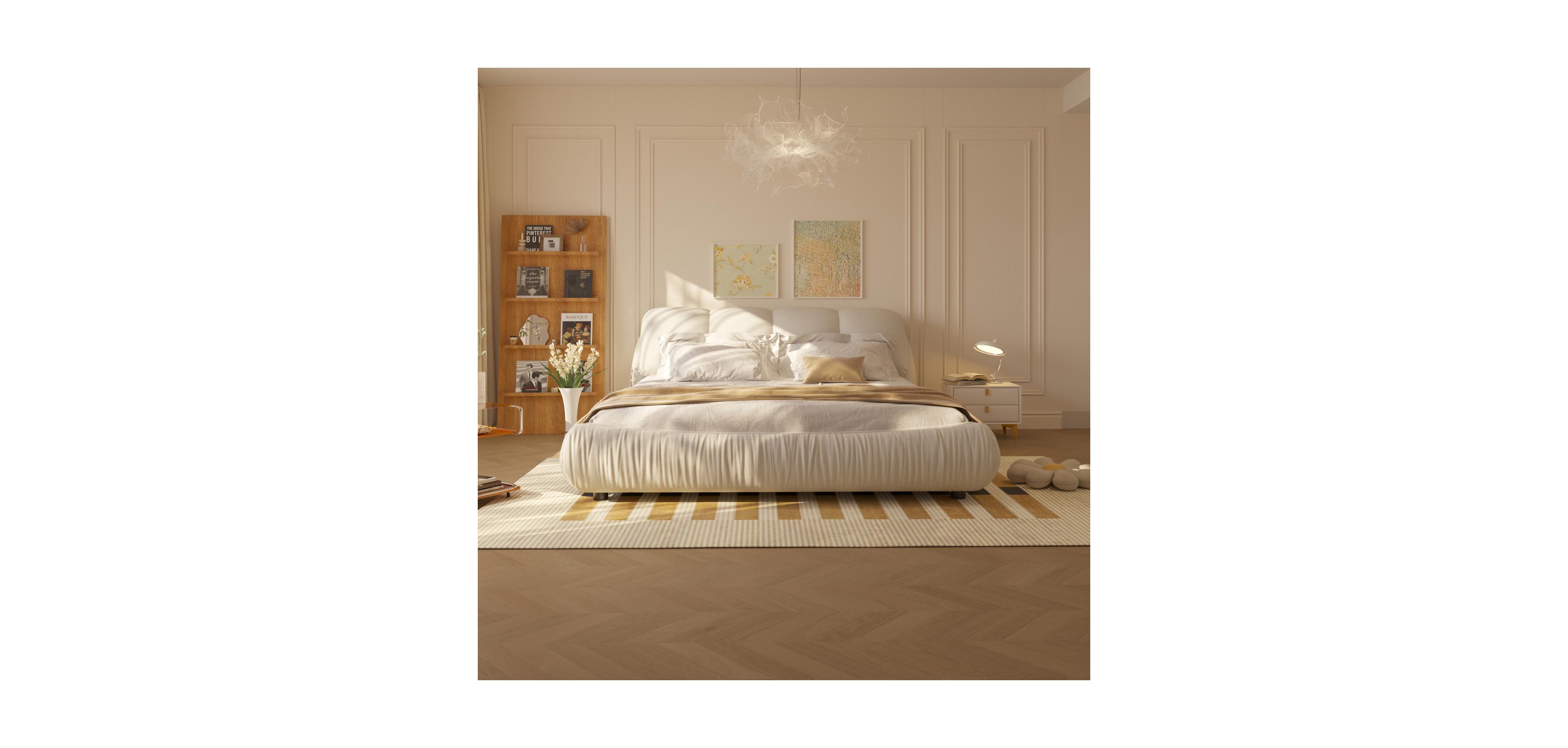 Streamdale Furniture Beige Upholstered Platform Bed with Oversized Backrest
