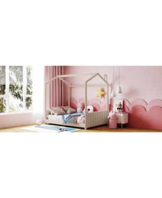  Full Size Velvet House Bed Wood Bed, Gray