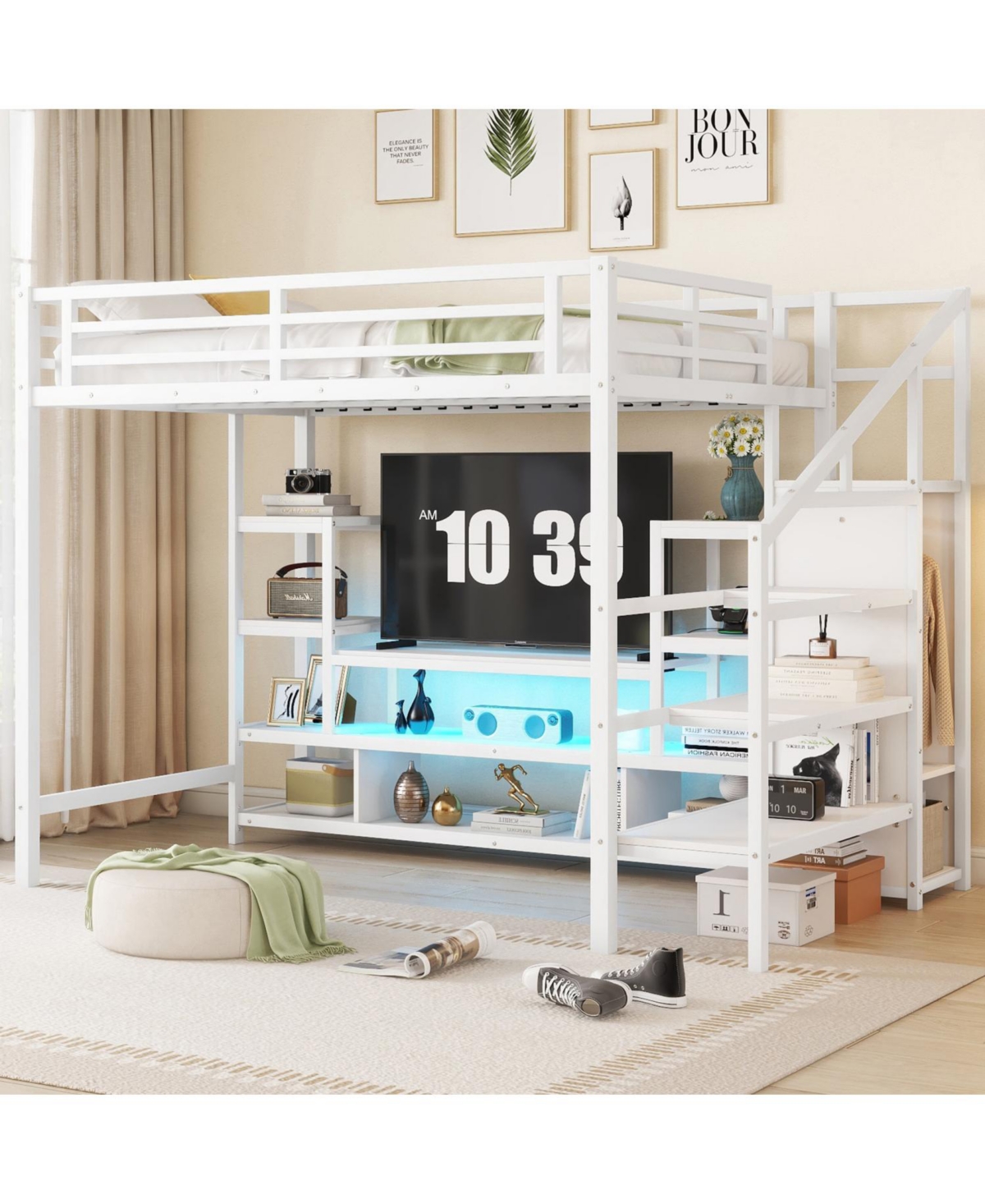 Streamdale Furniture Full Size White Metal Loft Bed with Staircase & Wardrobe