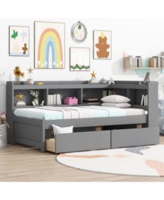 Twin L-Shaped Bookcase Bed w/ Outlets & Drawers - Grey