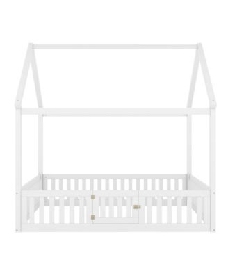 Full Size Wood House Bed with Fence and Door