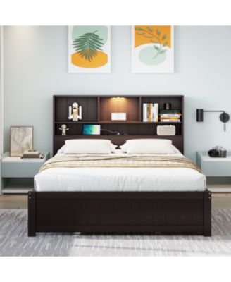 Twin Platform Bed with Bookcase Headboard, Downlight, Charger, Drawers