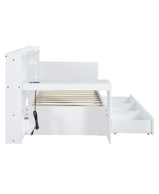  Twin Size Wooden Daybed With 3 Drawers, USB Ports and desk, White