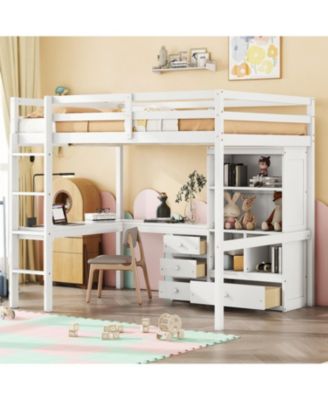  Loft Bed with Desk, Shelves, Drawers & Guardrails