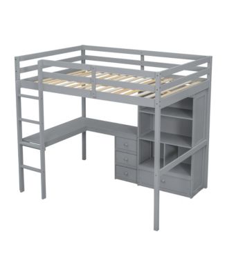 High Loft Bed with Desk, Storage, Ladder, Grey