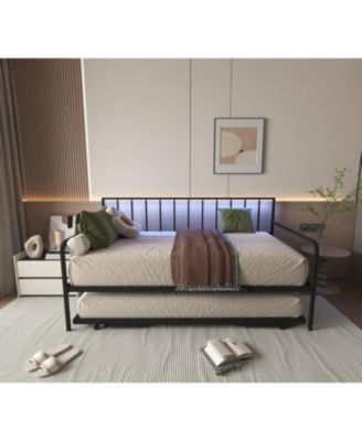 Twin Daybed with RGB LED Lights & Charging Station, Adjustable Frame & Trundle