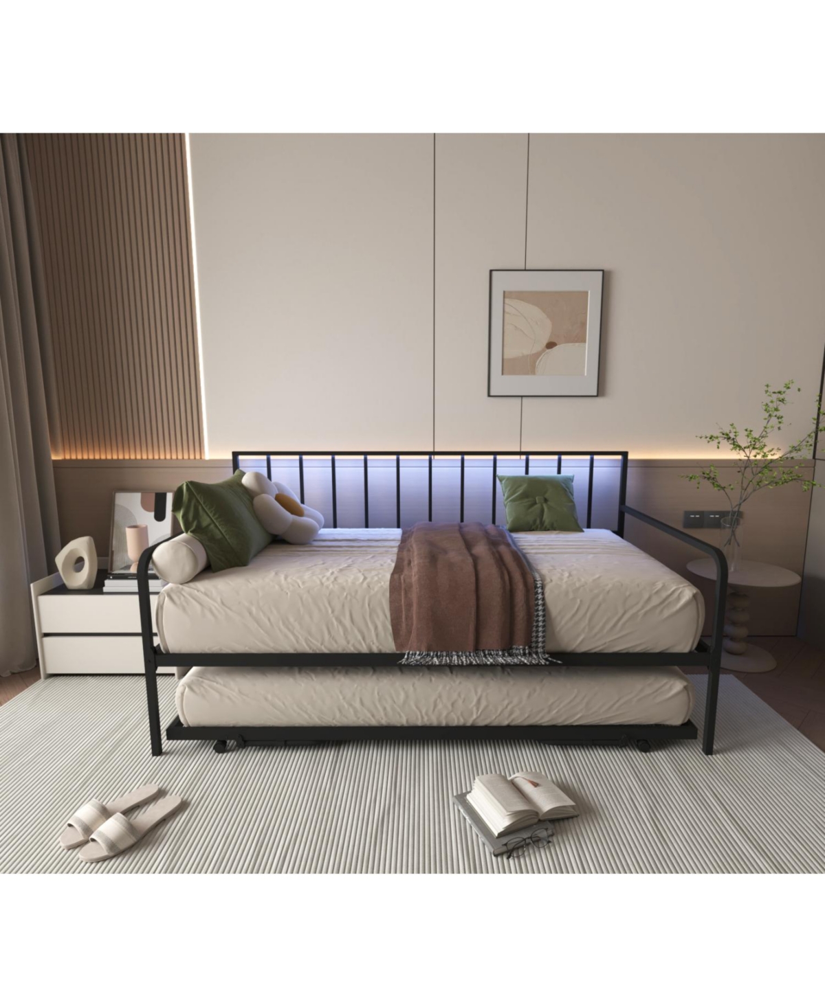 Streamdale Furniture Twin Daybed with Rgb Led Lights & Charging Station, Adjustable Frame & Trundle