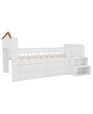 Streamdale Low Loft Bed with LED Lights, Wooden Twin Loft Bed with House Shape Headboard, Kids Loft Bed with Storage Drawers