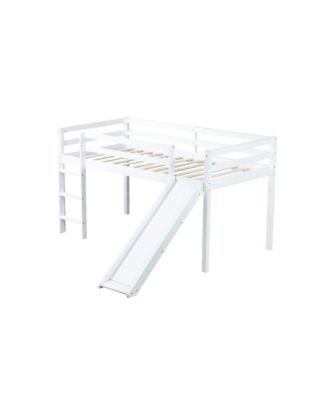 Twin Low Loft Bed with Slide, Ladder, Safety Guardrails, Rubber Wood Twin Loft Bed,White
