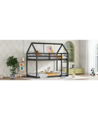 Twin over Twin Rubber Wood Floor Bunk Bed, with ladder,Guardrails,House-Shaped