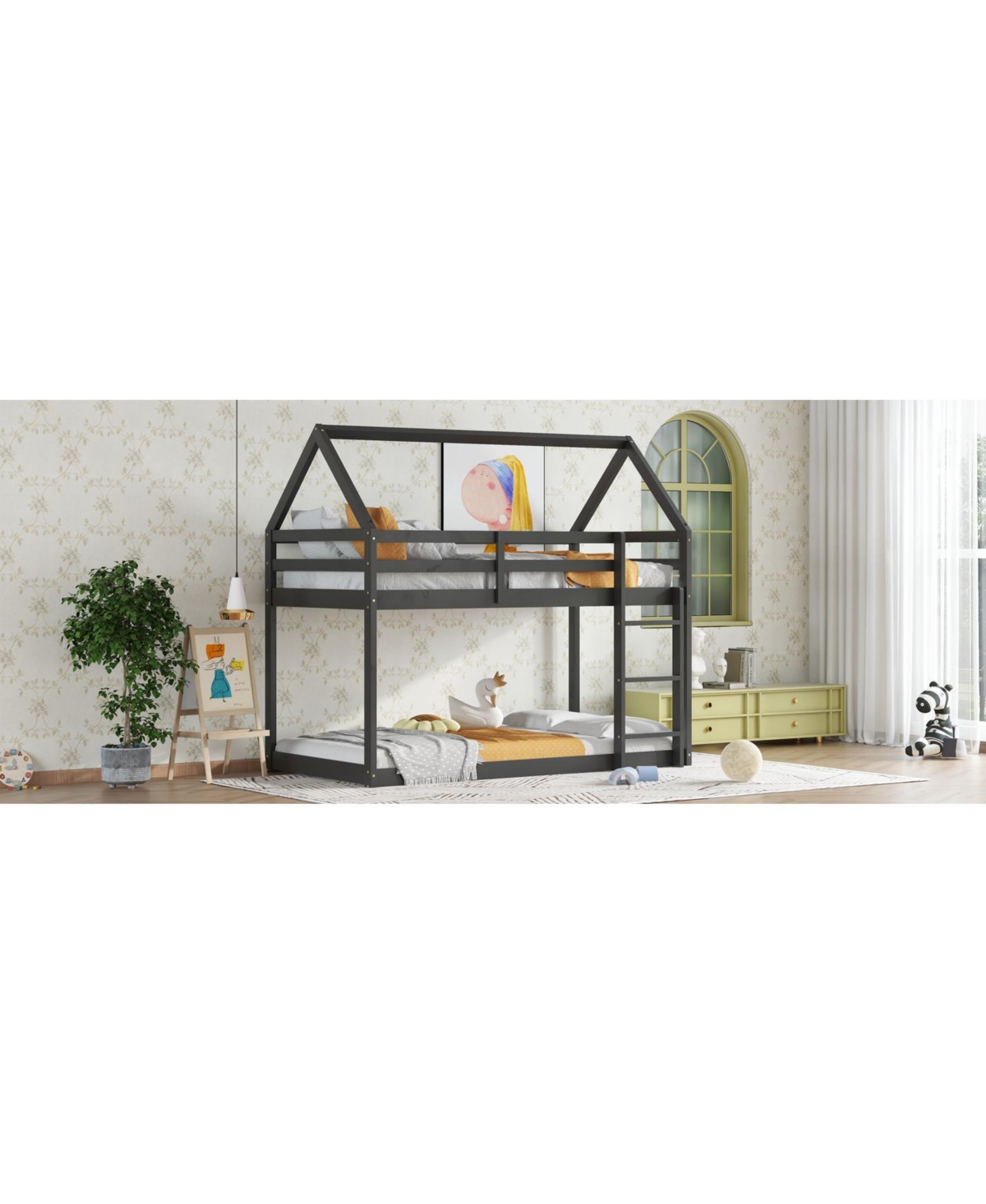 Streamdale Furniture Twin over Twin Rubber Wood Floor Bunk Bed, with ladder,Guardrails,House-Shaped