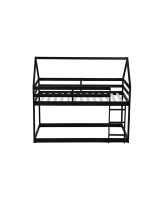 Twin over Twin Rubber Wood Floor Bunk Bed, with ladder,Guardrails,House-Shaped