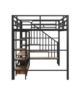 Full Size Metal Loft Bed with Staircase,Low Storage Table and Storage