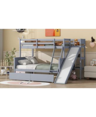 Twin over Full Bunk Bed with 2 Drawers, Slide, Shelves, Ladder, Rubber Wood Bunk Bed with Slide, Drawers