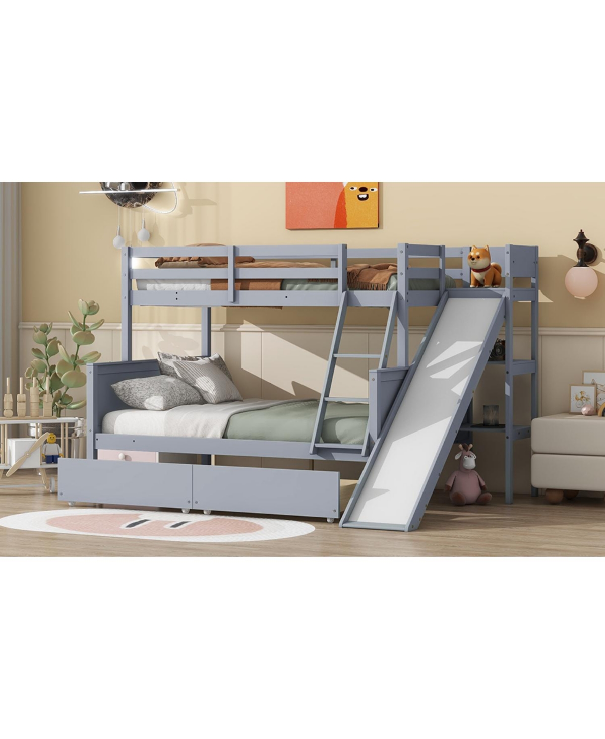 Streamdale Furniture Twin over Full Bunk Bed with 2 Drawers, Slide, Shelves, Ladder, Rubber Wood Bunk Bed with Slide, Drawers