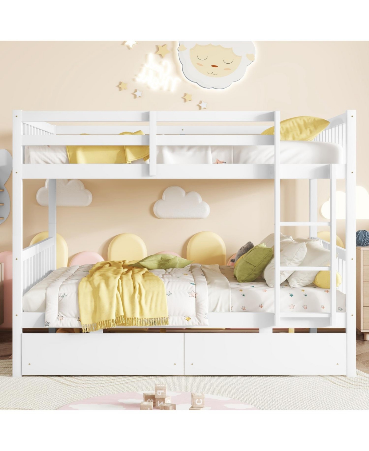 Streamdale Furniture Full Rubber Wood Bunk Bed with Two Drawers, Convertible into 2 Beds